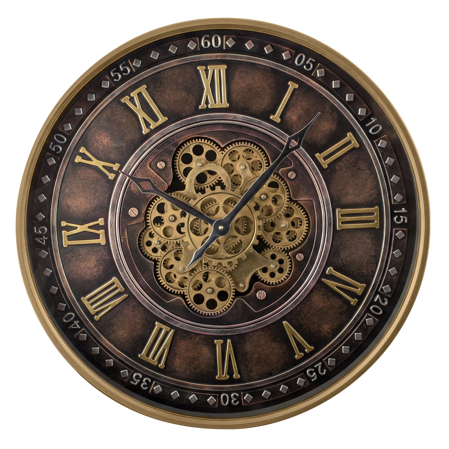 24 Inch Copper Brown Industrial Steampunk Wall Clock with Real Moving Gears, Metal Oversized Gear Clock with Tempered Glass, Silent Quartz Vintage Farmhouse Decor