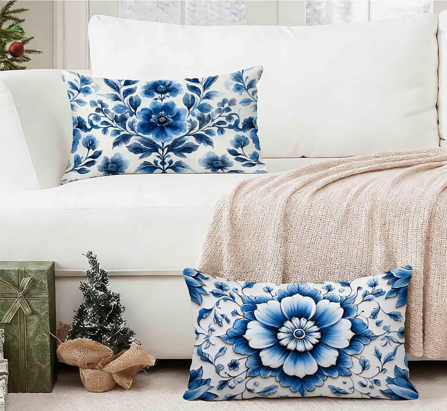 Kissenbezug Blau Kissenbezug 70x90cm 2er Set, Kopfkissen Muster Kopfkissenbezug Wasserdicht Leinen Design Kissenbezüge Herbstdeko mit Verstecktem Reißverschluss für Deko Schlafzimmer -lsy25012G2