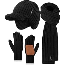 Winter Hat Gloves Scarf Set for Men, Fleece Beanie with Brim &amp; Ear Flaps