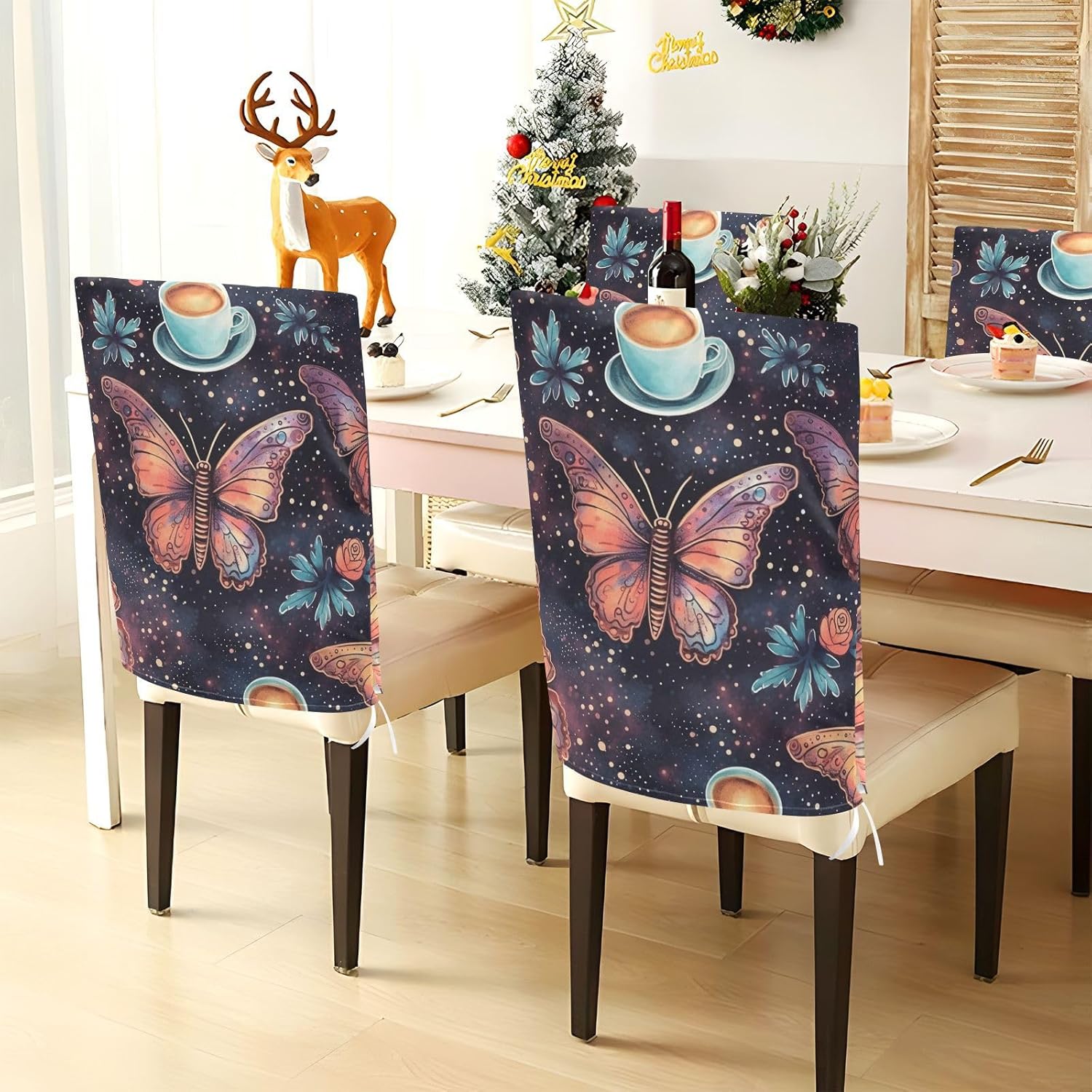 ALAZA Butterflies Coffee Chair Back Cover Set of 6, Washable Reusable Removable Chair Slipcovers Decorative Chair Cover for Home Kitchen Wedding Party