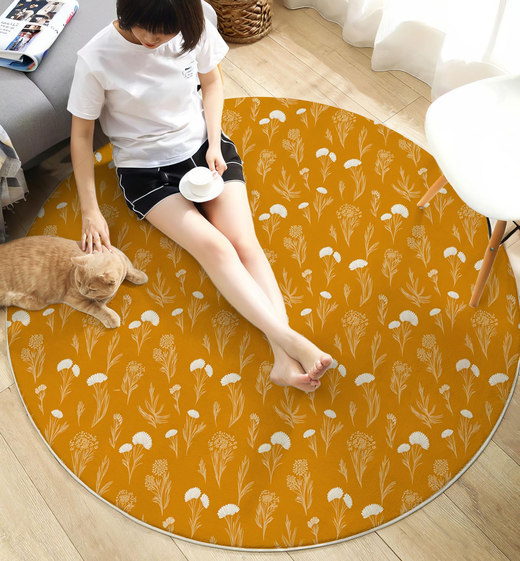 Teppich Rund 120cm Ländlicher, Natürlicher Stil rutschfest Teppiche Wildblumen Waschbar Wohnzimmerteppich Kurzflor Weich Runder Teppich Senfgelb for Schlafzimmer Studie Heimbüro