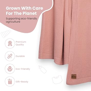 Dalisa%100 Organik Pamuk Örgü Battaniye – GOTS Sertifikalı, Hafif, Nefes Alabilir ve Rahat Yapısıyla Kanepe, Yatak ve Ev Dekorunda Boho Vintage Tarzı (Pembe, 203X228)