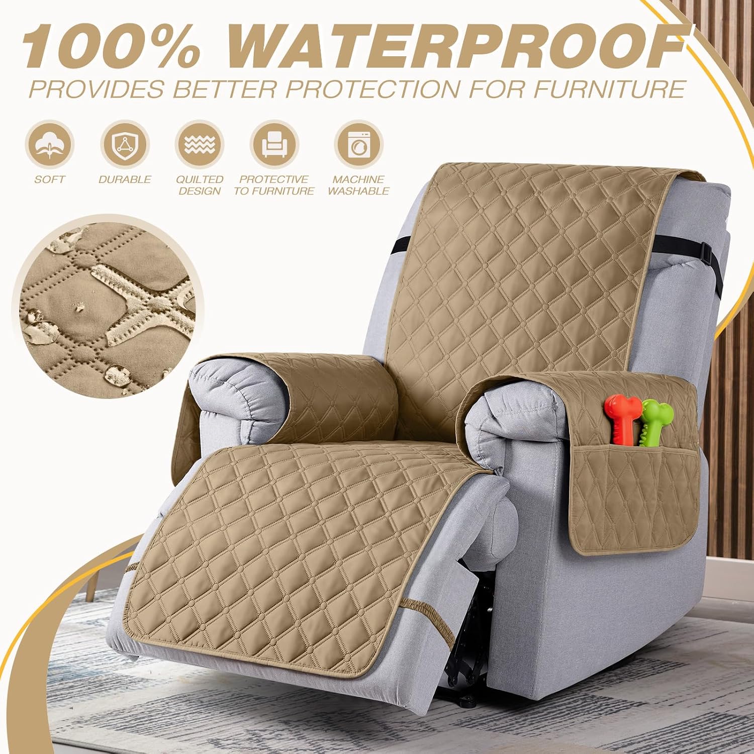 TAOCOCO 100% Waterproof Recliner Covers, Recliner Sofa Covers with Leg Straps, Reversible Recliner Couch Cover for Reclining Chair, Washable Couch Protector for Pets Kids(1 Seater 22", Camel)
