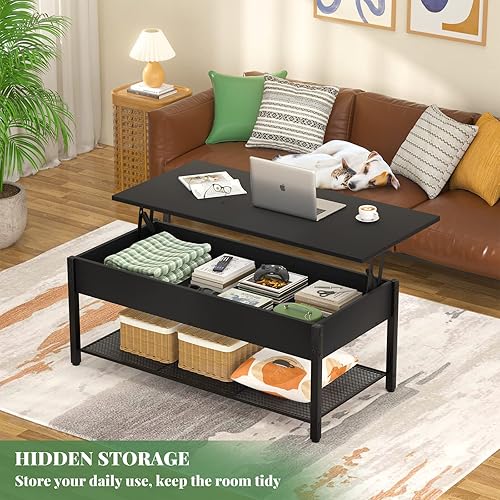 Miniatura 4 de Homieasy - Mesa de café, mesa de centro con tablero elevado y estante de almacenamiento con compartimento oculto, mesa moderna con tablero elevado