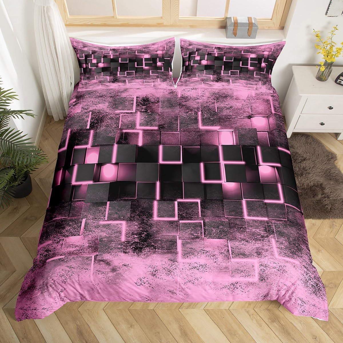 Homemissing Pink Bedding Set Super King Size Geometric Duvet Cover Set for Boys Teens Geometric Honeycomb Duvet Cover 2 Pillowcases Modern Ombre Abstract Art Bedding