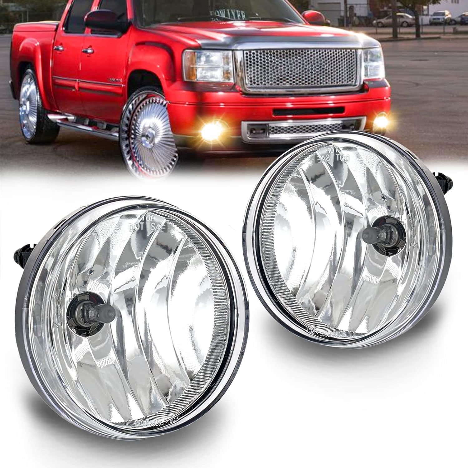 Fog Lights Lamps Replacement for 2007 2008 2009 2010 2011 2012 2013 GMC Sierra 1500,07-14 GMC Sierra 2500 3500HD Fog Light Compatible with H8 12V 35W Bulbs Switch and Wiring Kit-Clear Lens