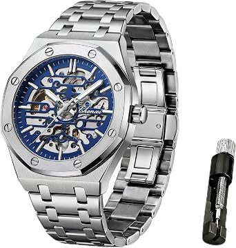 Verhux Mens Gold Skeleton Luxury Mechanical Classic Original Stainless Steel Waterproof Wrist Watch Black Silver Tone, 8848 silver and blue mens watch, Modern