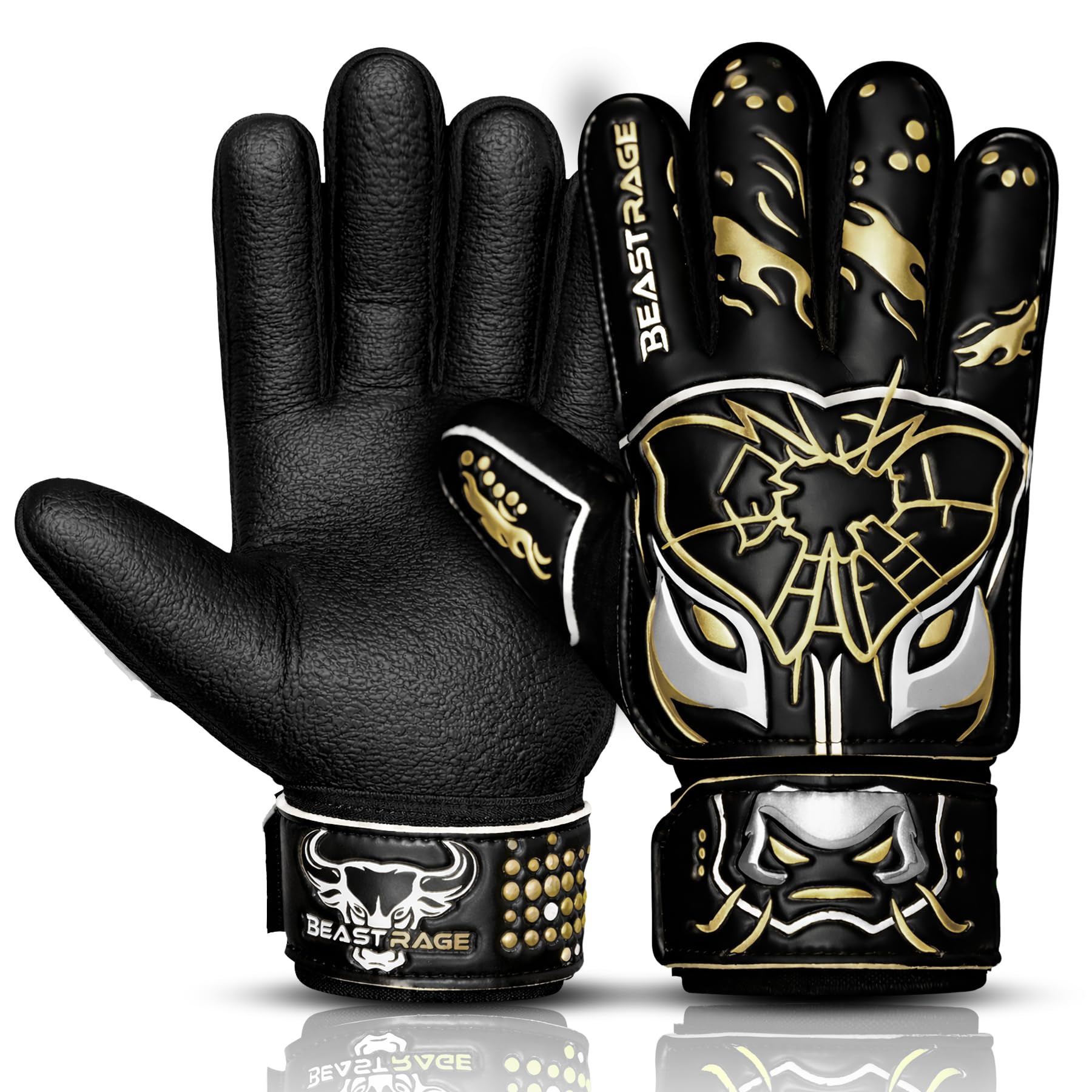 BEAST RAGE Kids Goalkeeper Gloves–Premium Anti-Slip Super Grip 3MM+4MM Laminated Palm,Lightweight Backhand 3+4MM,Adjustable Wrist Strap,Soccer Goalie Gloves for Kids,Youth and Adults (Golden, 6)