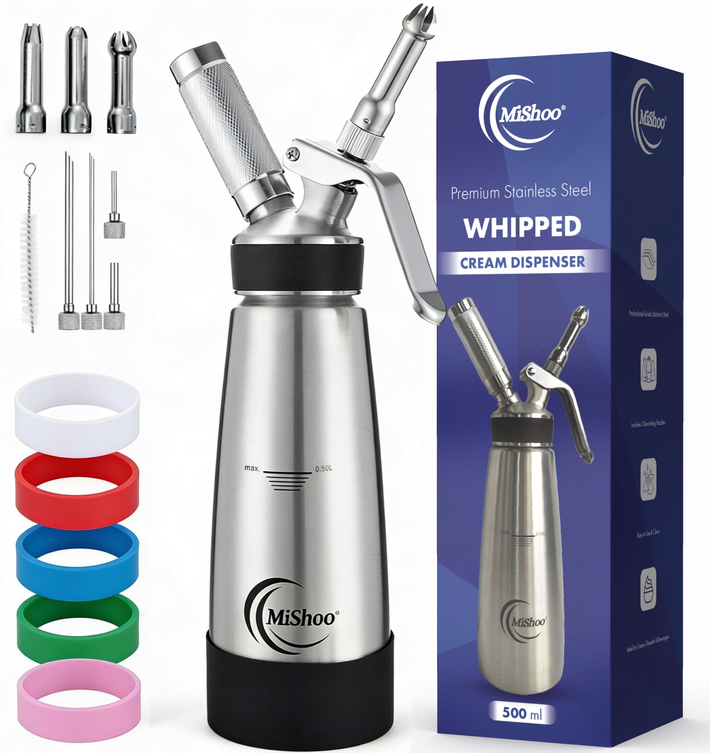 Siphon à crème fouettée inox 500 ml facile à nettoyer avec buses