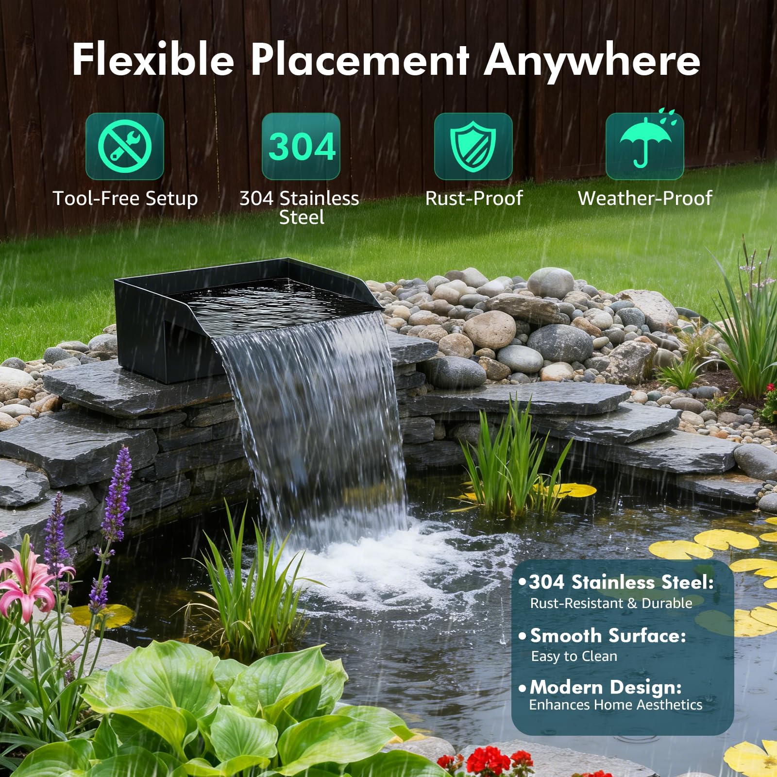 Pond Waterfall Spillway Kit, 30cm Pond Waterfall Filter with 2500L/h Waterfall Pump & Filter Cage, 3m Corrugated Tubing for Outdoor Garden Ponds, Backyard Water Features — view 6