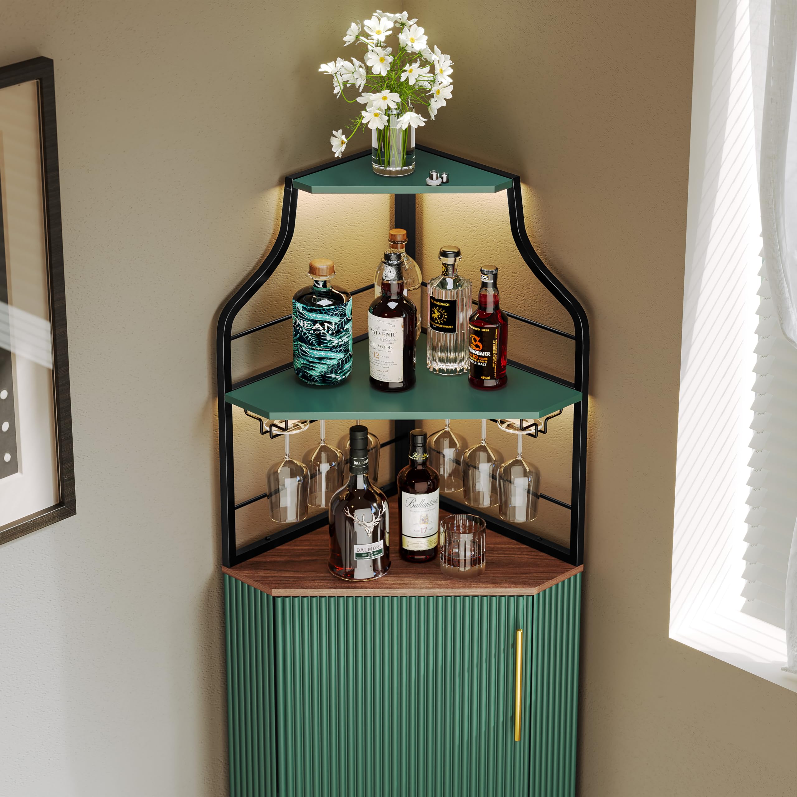 HOLTICO Barschrank, Weinschrank mit Verstellbarem Regal Eckschrank mit Glashalter Minibar für Küche, Wohnzimmer, Esszimmer (Grün)