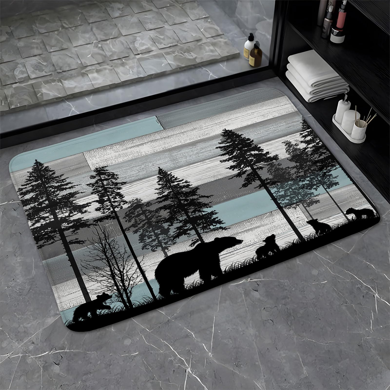 Rustic Bear Bathroom Rugs Cabin Retro Wooden Board Tree Forest Farmhouse Country Camping Hunting Nature Safari Wild Animal Bath Mat Bedroom Kitchen