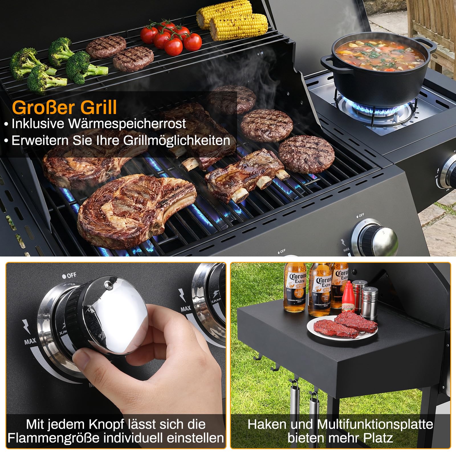 LIFERUN Gasgrill 3+1 Edelstahl Brenner,13,5 kw Gas Grillwagen BBQ mit Seitenkochfeld,Gasgriller mit Thermometer,4 PCS Bremse Rollen,DE I3B/P(50) Gasdruckregler,Grillküche Camping Garten(Butan/Propan)