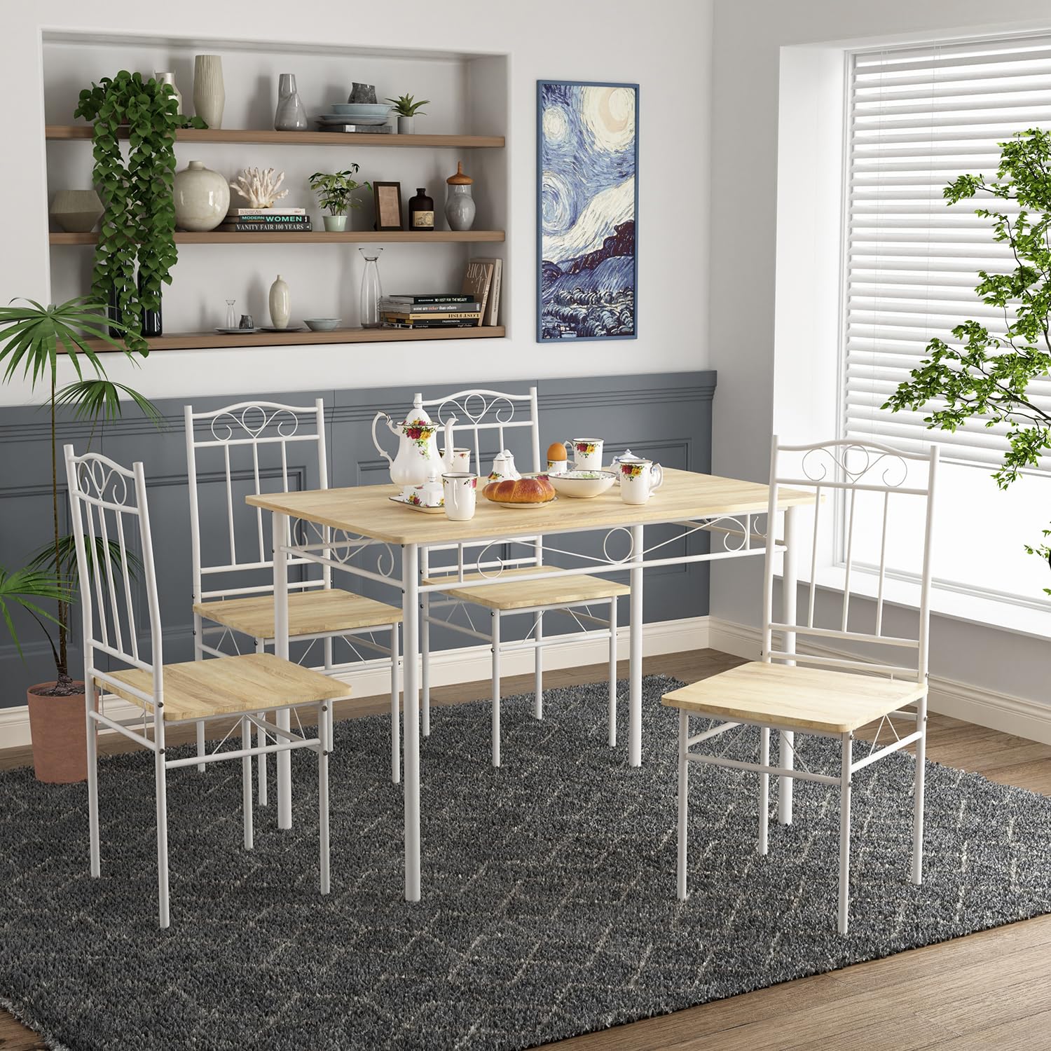 H.J WeDoo Set Tavolo e 4 Sedie da Pranzo, 5 Pezzi, per 4 Persone, Tavolo Rettangolare da Cucina, 4 Sedie con Schienali，Per Bar, Cucina, Soggiorno,109 cm,Faggio e bianco