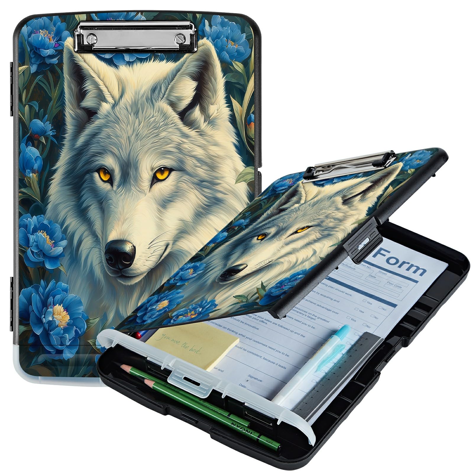 RWUTYTIUL A4 Clipboard with Storage Pen Holder, Clipboards Organizer Nursing Clipboard Foldable File Folder Plastic Clipboard Folio Clip Board for Office Work Classroom Doctor, Purple Flower Wolf