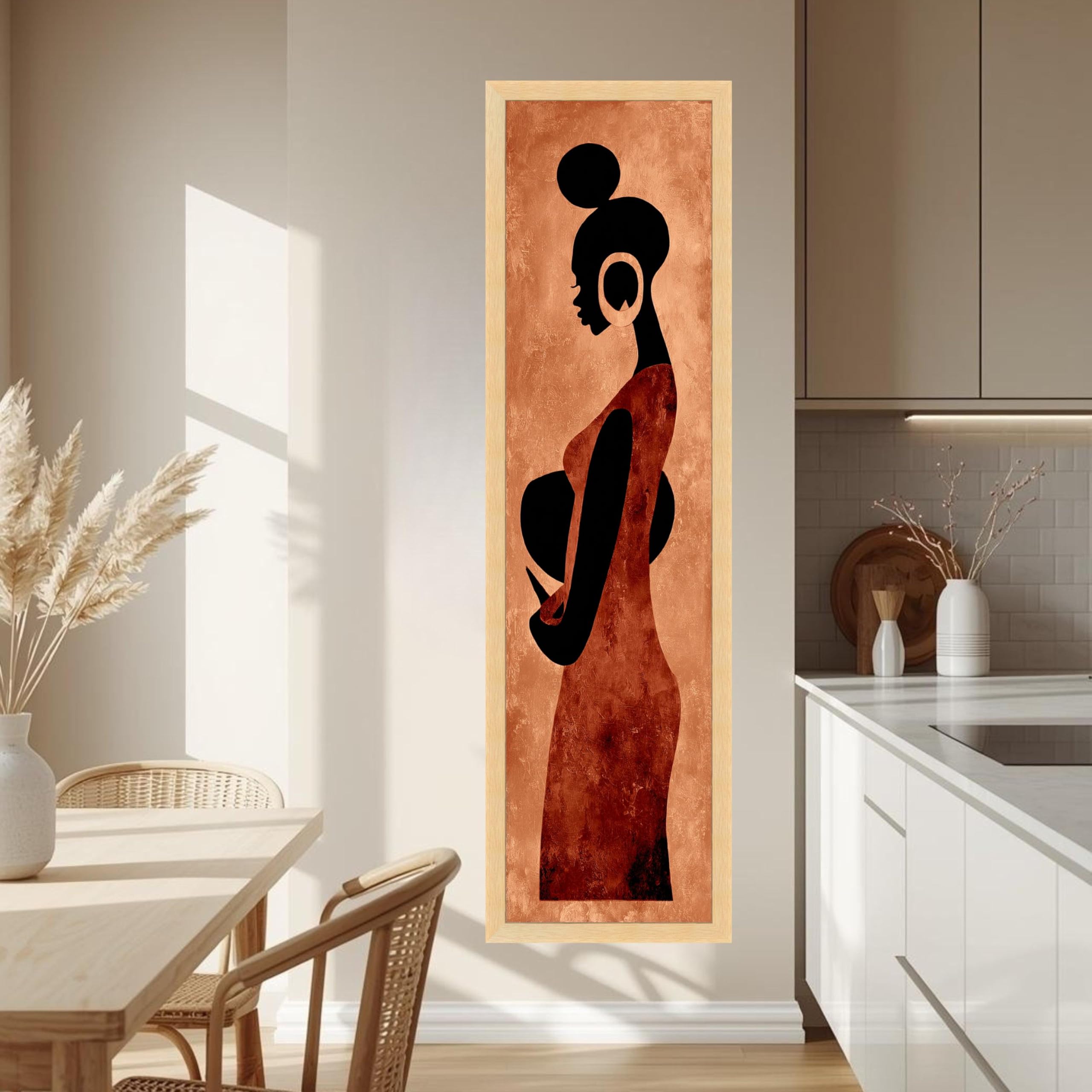 CAOXTART Long Narrow, African Woman Silhouette Canvas, Warm Earth Tone Wall Art, Ethnic Oil Painting, for Living Room Home Decor(20x60cm/Frameless)