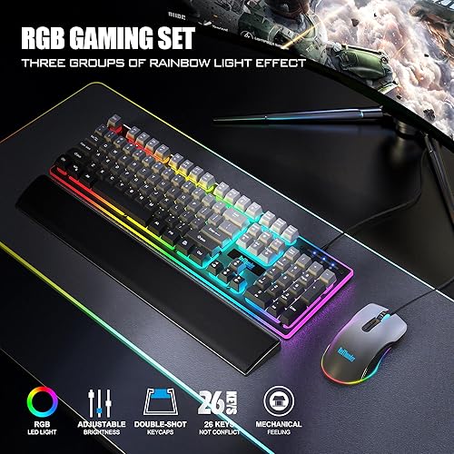 Miniatura 2 de RedThunder Teclado para juegos con cable K10, combo de reposamuñecas para mouse, retroiluminación RGB, teclado anti-ghosting de sensación mecánica +