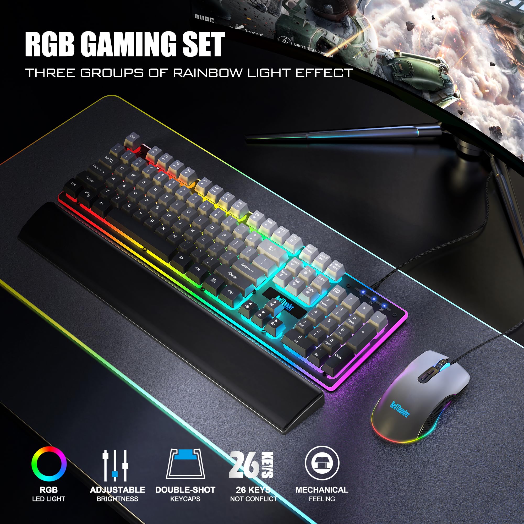 RedThunder K10 - Tastiera da gioco cablata con mouse, retroilluminazione RGB, tastiera meccanica anti-ghosting + mouse 7D 7200 DPI + poggiapolsi in pelle morbida, accessori per PC 3 in 1 (grigio