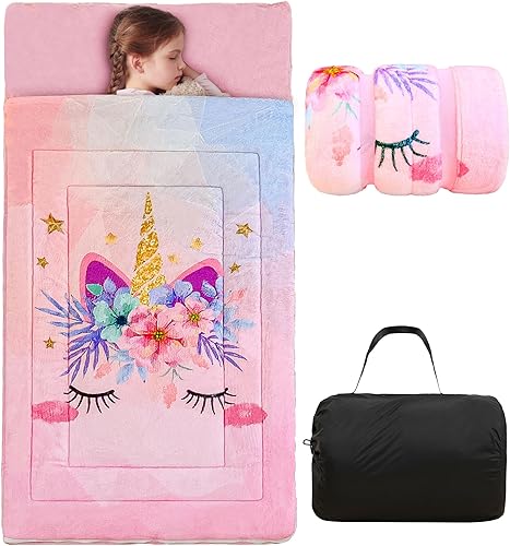 Saco de dormir infantil de unicornio rosa para niñas, diseño floral, diseño de arcoíris, estrella, floral, tapete suave para siesta de forro polar