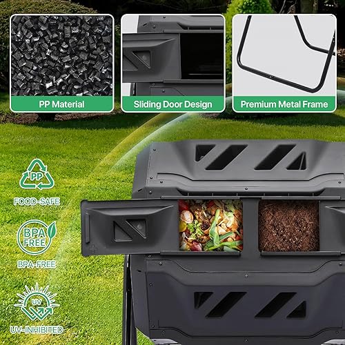 Miniatura 5 de Athena Collection Vaso de compost, 2 cámaras de compostaje doble de 21.5 galones para exteriores, fácil giro y rotación rápida con 2 puertas