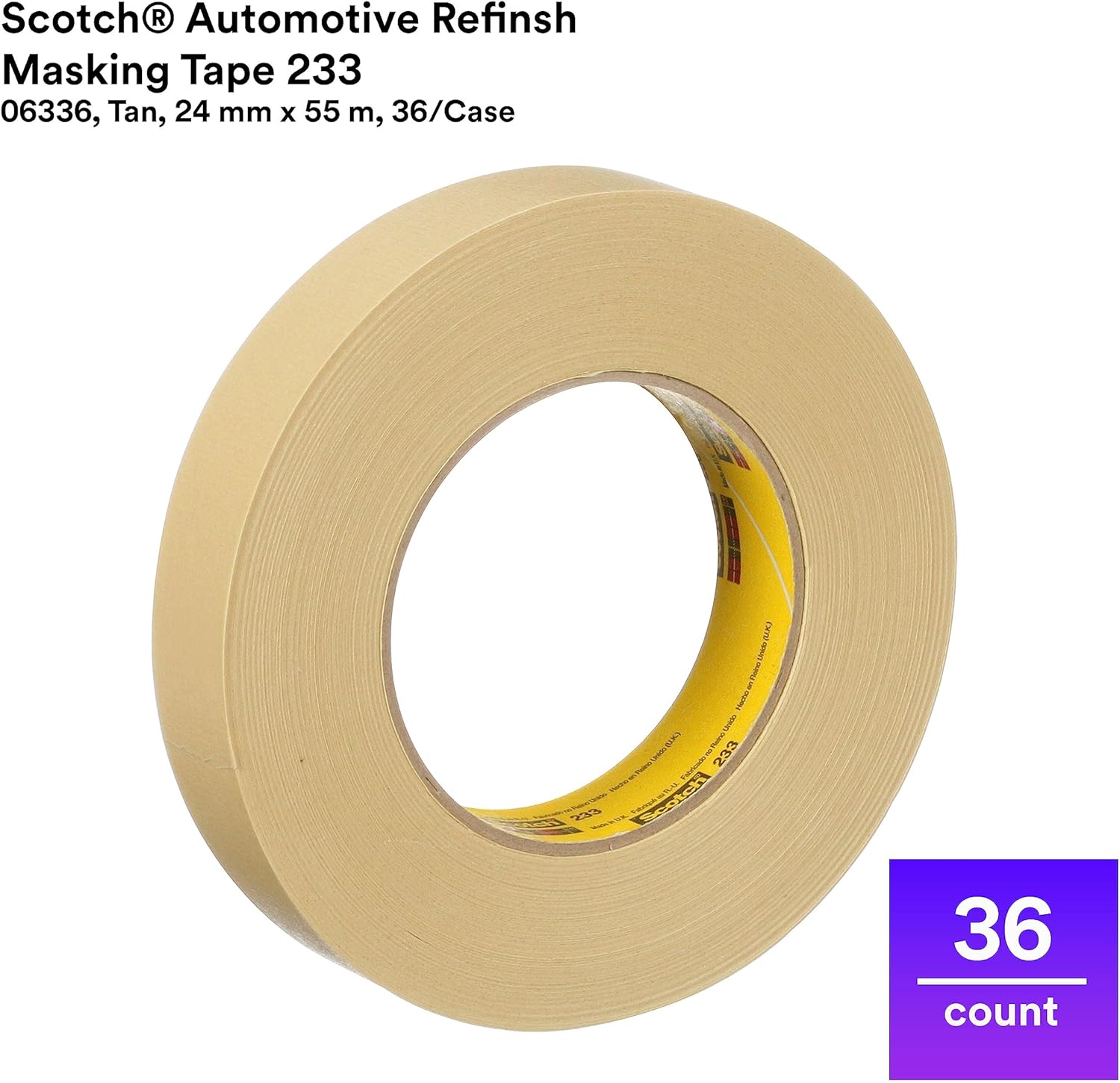 3M Scotch Automotive Refinish Masking Tape 233, 06336, 24 mm x 55 m, Case of 36 Rolls, High Adhesion, High Performance Automotive Tape