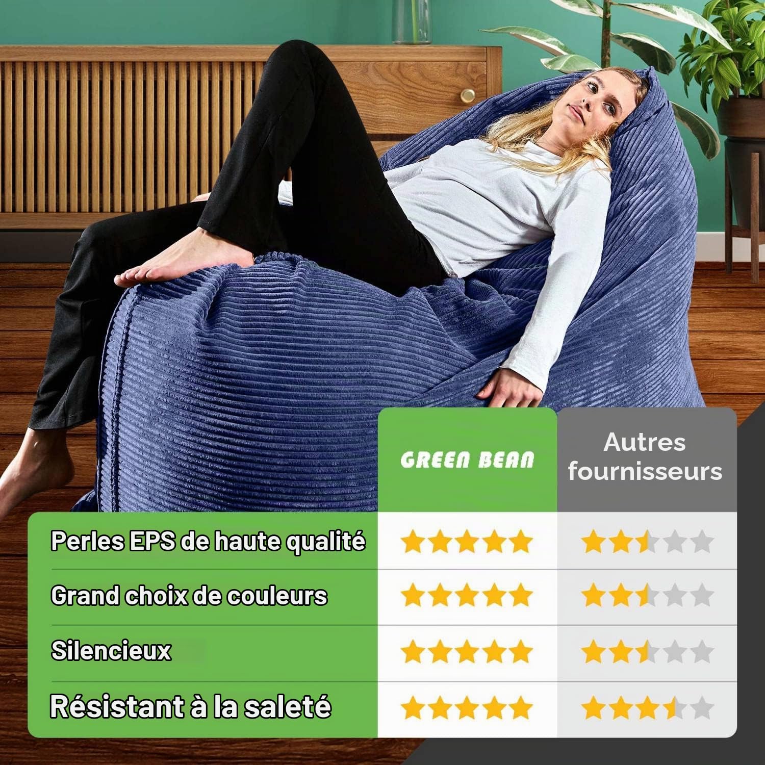 Green Bean© XXL Pouf en Velours Côtelé 370 litres Remplissage de Perles EPS - Doux Moelleux Robuste & Tissu Lavable Coussin de Sol Coussin de Repos Coussin de Siège