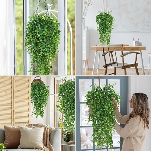 Miniatura 6 de RECUTMS Plantas colgantes artificiales, 4 piezas de 33 pulgadas, plantas de pared falsas de eucalipto, hojas de hiedra resistentes a los rayos UV,