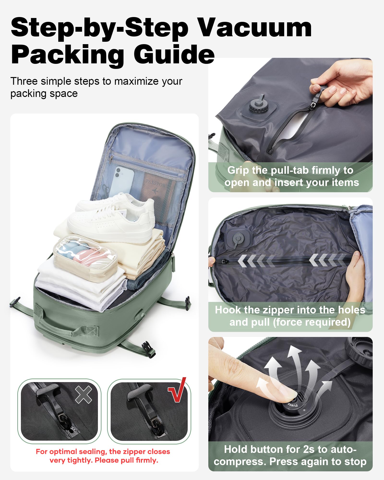 Groß Reiserucksack Vakuum Rucksack Handgepäck Flugzeug Easyjet Handgepäck 45x36x20 Rucksack Herren Damen Mit Laptopfach/Schuhfach Travel Backpack Carry Ons Luggage Mit Vakuumsystem Grün