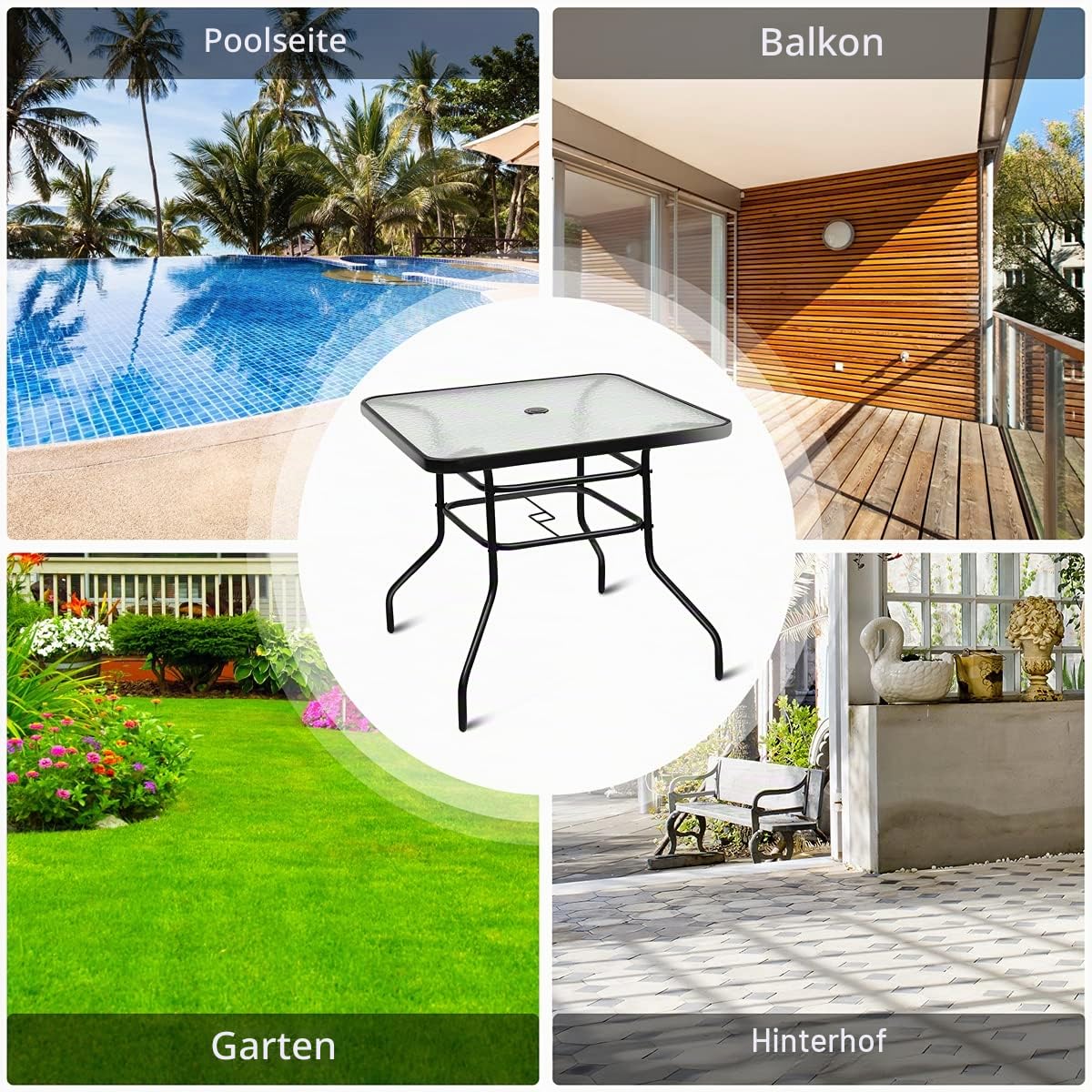 RELAX4LIFE Beistelltisch Metallrahmen, Gartentisch mit Schirmständerloch, Bistrotisch mit Glasplatte, Glastisch für Garten & Balkon & Terrasse, Balkontisch wetterfest, bis 80 kg belastbar (rechteckig)