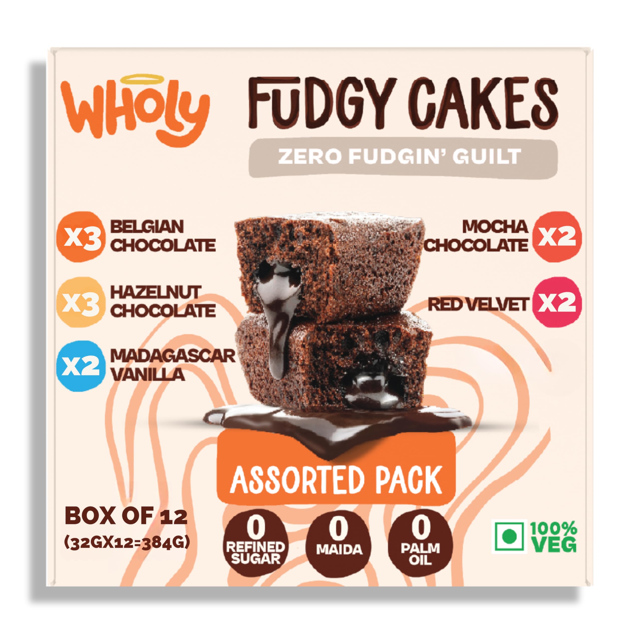 Wholy All in One Center Filled Eggless Cake | Baked with Jaggery | No Maida | No Palm Oil | No Preservatives | High Fiber | Low Cal | Wholegrain | Moist Snack | Pack of 32g x 12 Assorted | Belgian Chocolate | Vanilla | Red Velvet