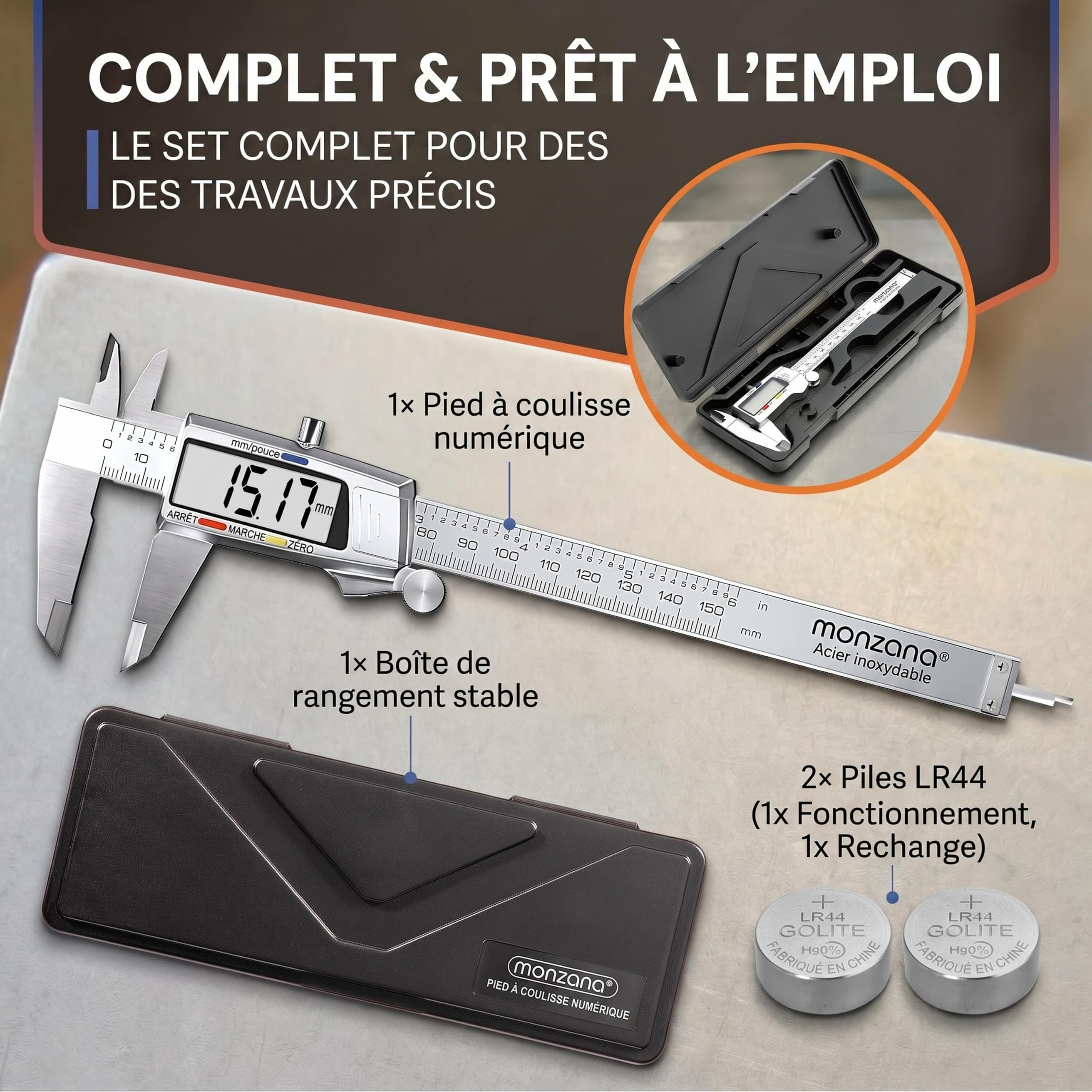 MONZANA® Pied à coulisse numérique acier inoxydable 150mm écran LCD digital boîte de rangement calibre a coulisse instrument de mesure