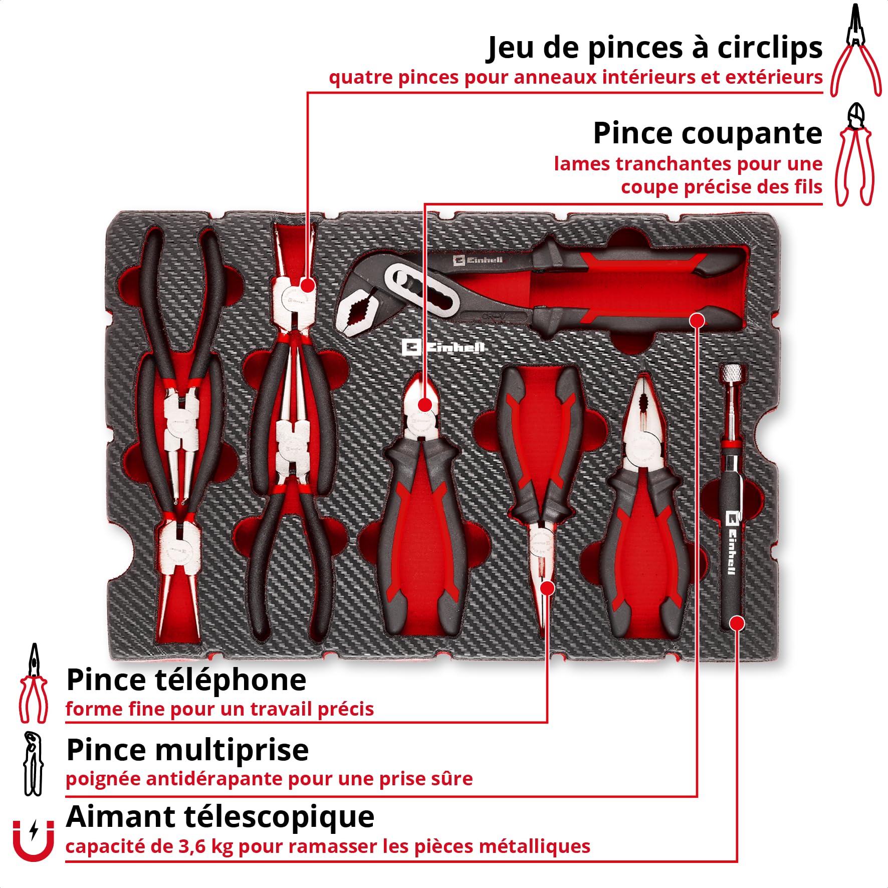 Original Einhell E-Case Pad 9 pièces pinces (set de pinces à circlips, pince multiprise, pince universelle, pince à bec long, pince coupante, aimant télescopique, système E-Case)