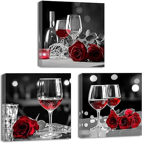 QIXIANG Lienzo de pared con rosas de vino tinto para decoración de cocina, 3 piezas de impresiones de imagen en blanco y negro para decoración de