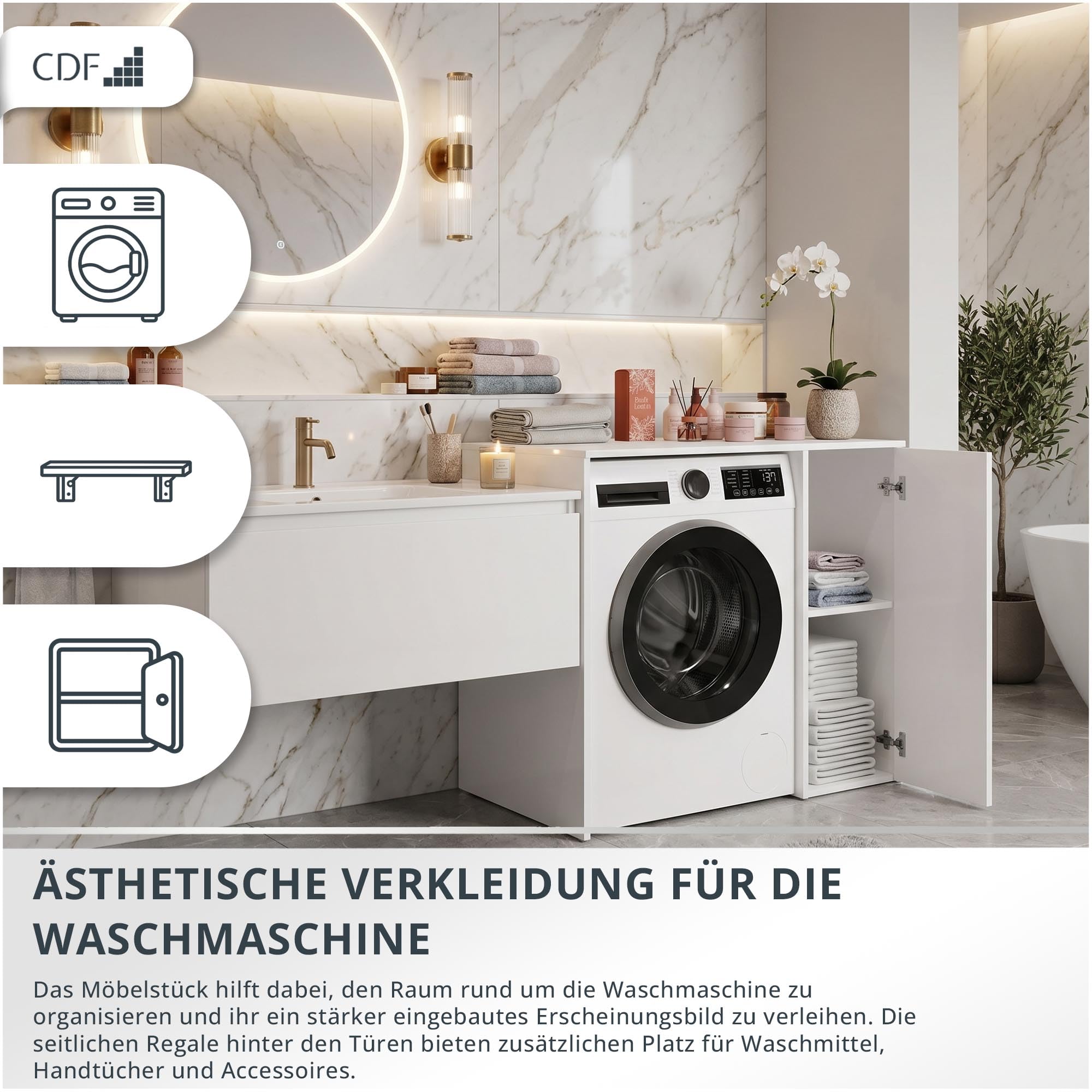 CDF Waschmaschinenschrank mit 1 Tür für Waschmaschine Wäschetrockner Überbauschrank Badezimmermöbel Midischränke mit Stauraum für Trockner oder Geräte Bad/WC Schrank Weiß H: 88,5 cm 64x95x88,5