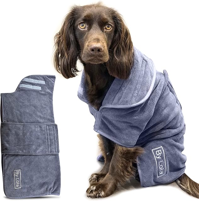 By Lola® - Dog Drying Coat Dog Drying Robe Drying Coat Dry Fast Dog Dressing Gown Fast Drying Super Absorbent Pet Dog Towelling Drying Coat - Grey (Medium)