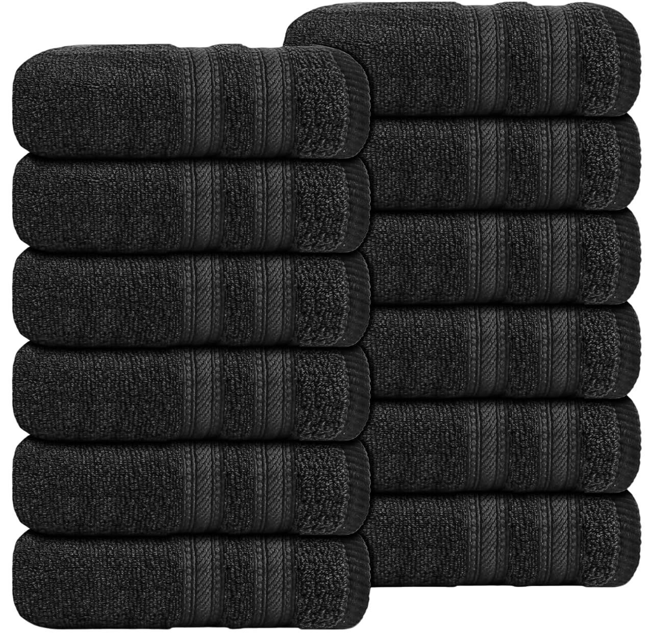 WovenWonder Luxury Flannel Face Cloth Set Egyptian Cotton Super Soft Fingertip Towels 500 GSM Hotel Quality Soft Feel Washcloths (30 x 30 CM) (Black, 12 Pack)