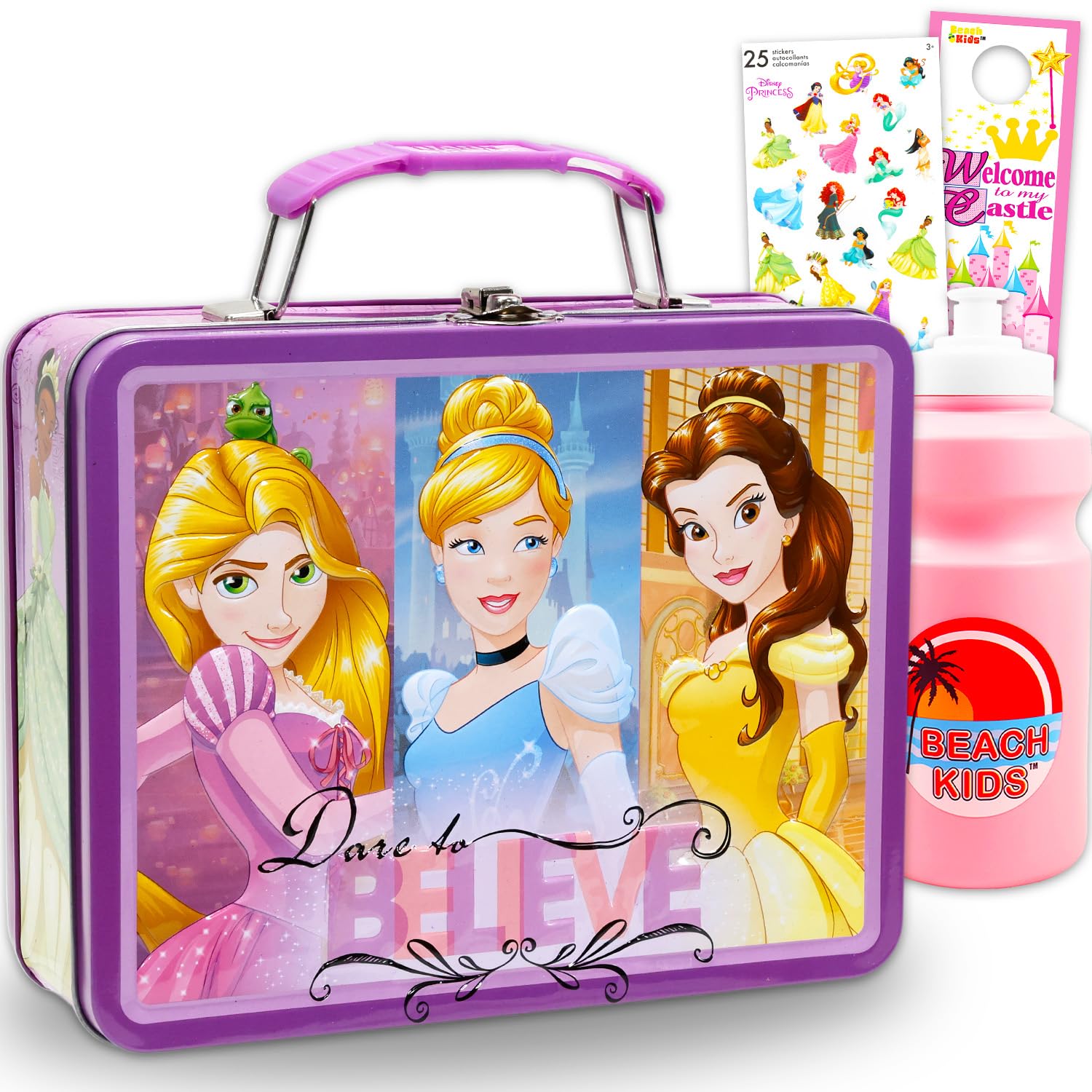 Boîte à déjeuner princesses Disney en étain avec gourde pour le repas scolaire des enfants