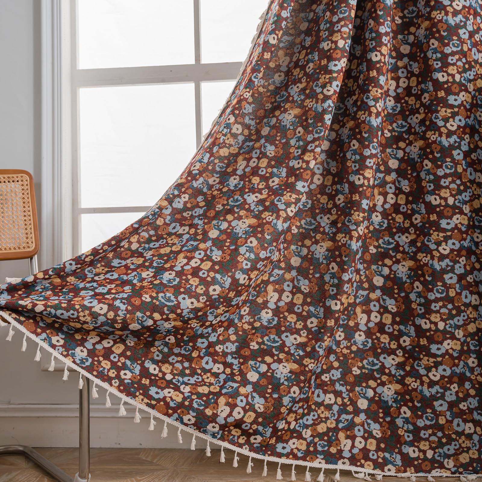 USTIDE Boho Jacquard Drapes Colorful Wildflowers Patterned Semi Sheer Window Curtains 1 Panel 71 Inches Farmhouse Rod Pocket Light Filtering Decorative Window Treatments for Living Room Bedroom — image 1