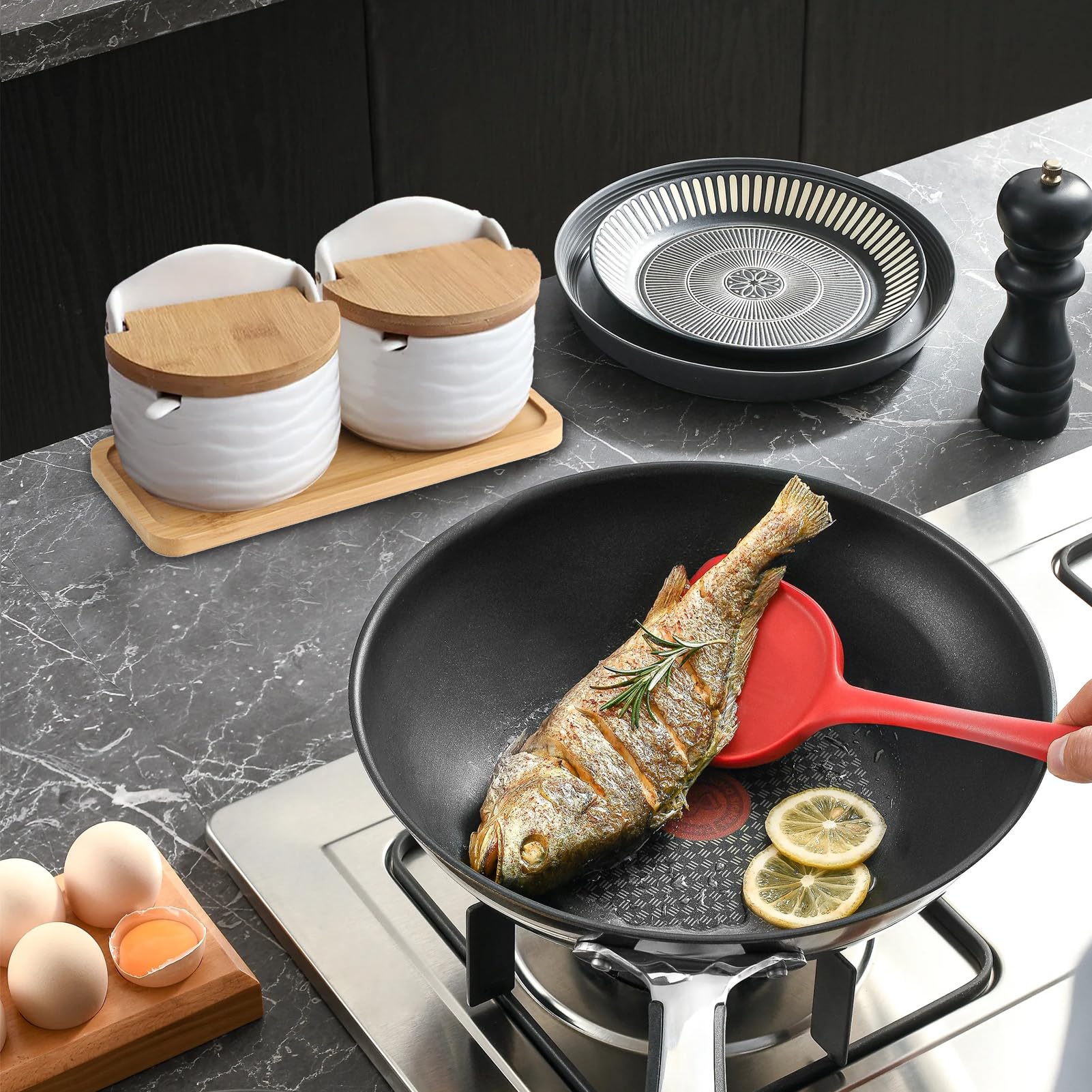 Per Sale Con Coperchio, Contenitore Per In Ceramica 2X Con Cucchiaio E Coperchio In Legno - Scatola Per Condimenti, Barattolo Per Condimenti Da Cucina, Porta Sale Per Bancone