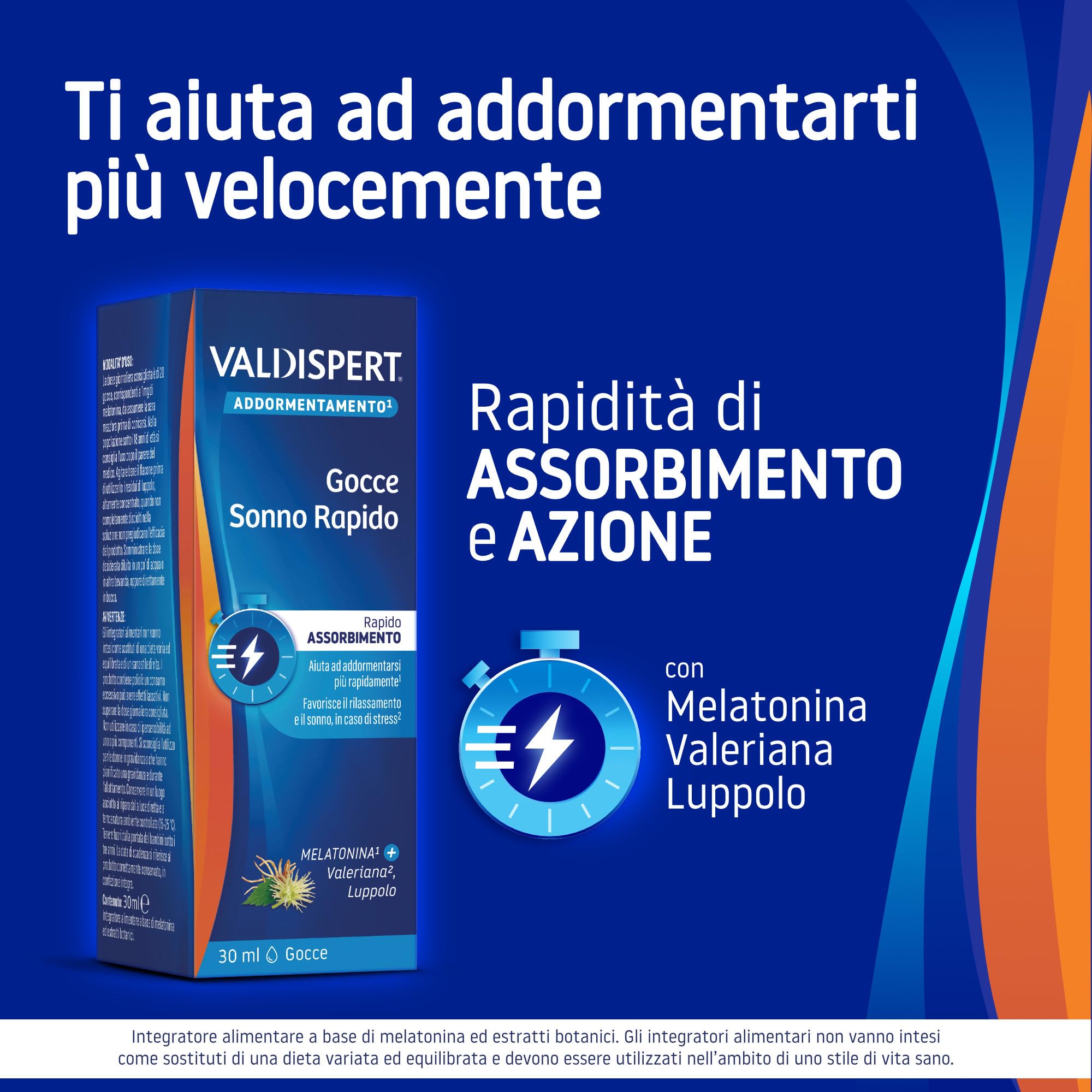 Valdispert Gocce Sonno Rapido, Integratore Alimentare per Dormire con Melatonina, Valeriana e Luppolo, Senza Glutine e Senza Lattosio, 30 ml
