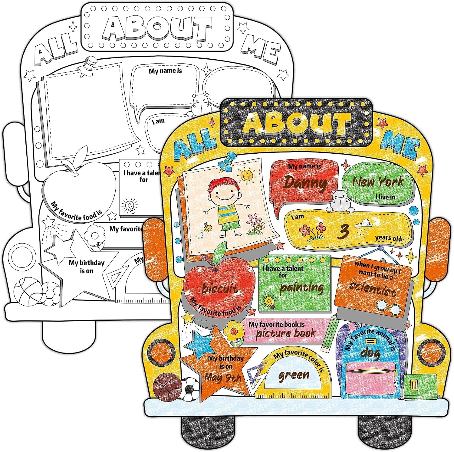 40 Pcs School Bus All About Me Posters Elementary, Back to School 13 X 11.5 Inch Star Student Poster to Fill in Kindergarten Educational Posters for Kid Teacher Supplies Preschool Classroom Must Haves