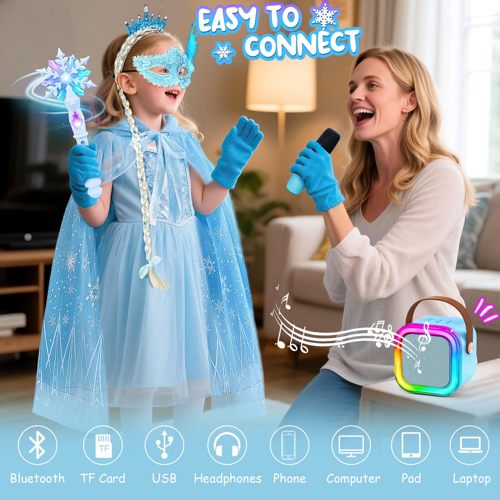 G.C Eiskönigin Spielzeug Geschenk für Mädchen 4 5 6 7 8 Jahre, Mini Karaoke Maschine mit Kindermikrofon & Prinzessin Kostüm Zubehör & Zauberstab, Eiskönigin Spielzeug Geschenke Mädchen