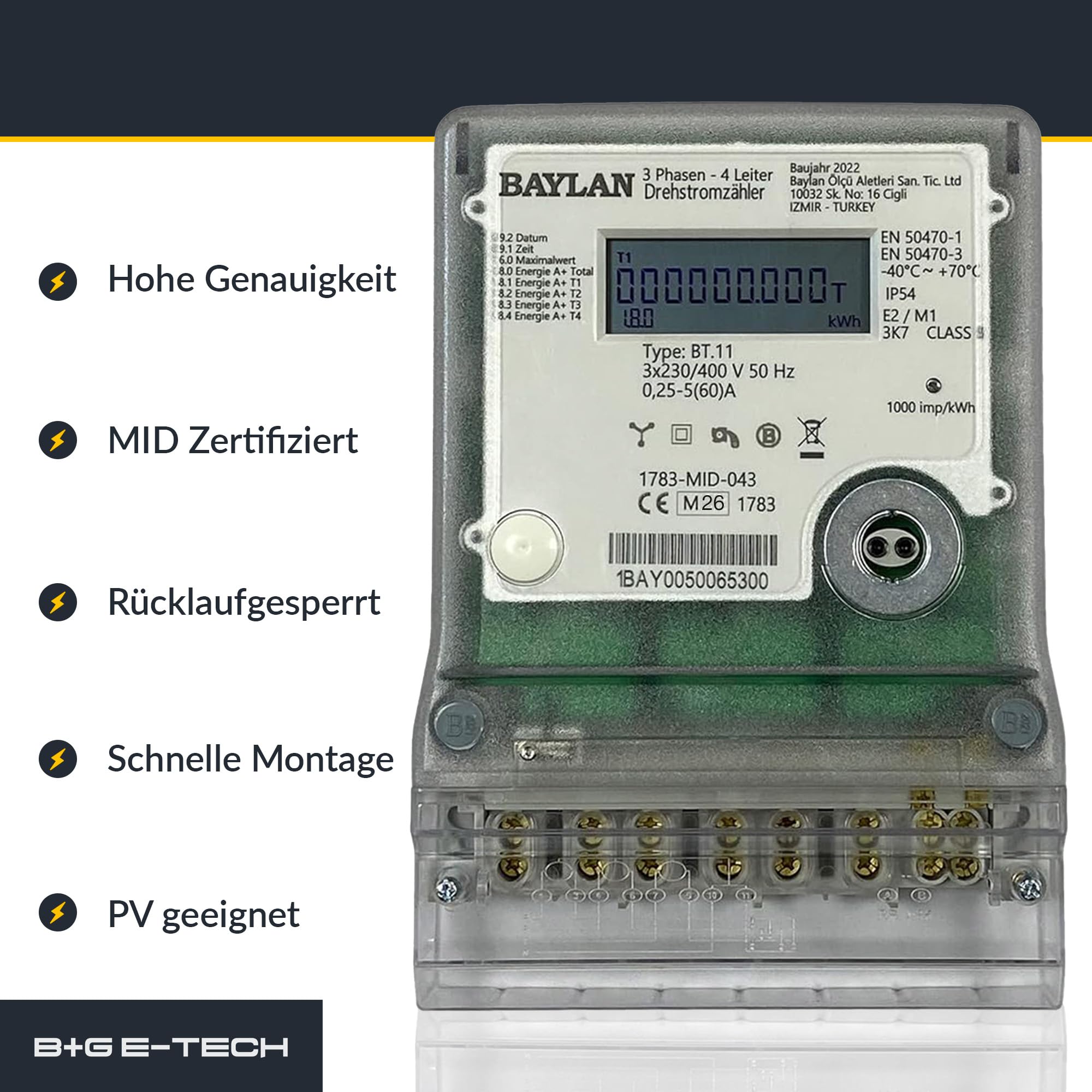 B+G E-Tech [BT.11 - MID 26] Drehstromzähler für Zählerplatzmontage - MID zertifiziert, Direktmessung bis 60A, Einzeltarifzähler mit interner Uhr, IR & RS485 Schnittstelle