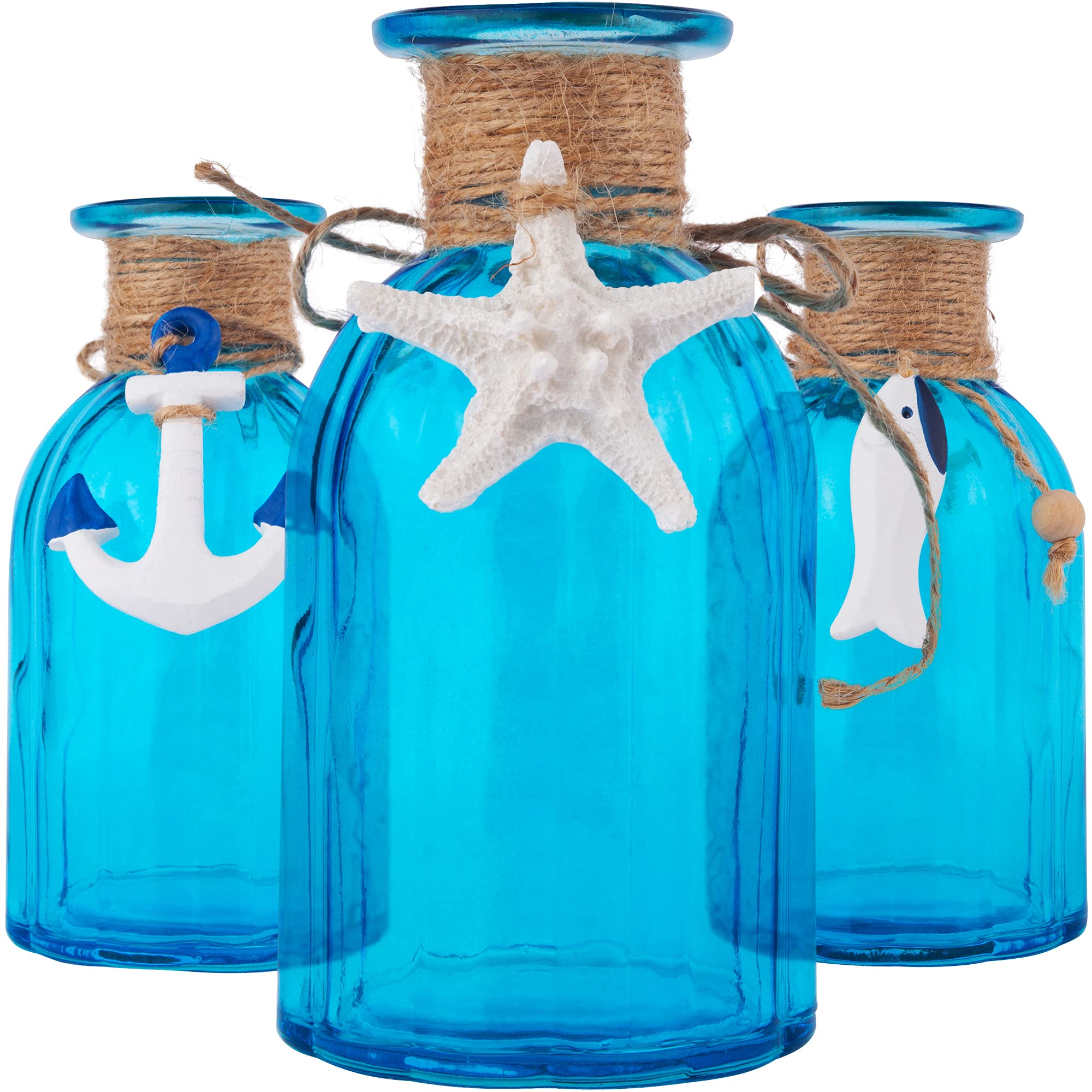 Buy Coastal Style Decor Glass Vase Set of 3 Small Blue Vases with Jute