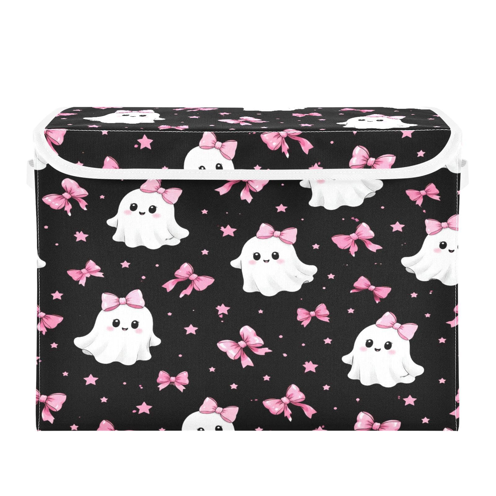 Ewusp Halloween Boo Fabric Storage Bin with Lid, Decorative Foldable Storage Basket with Handles, Stackable Closet Shelf Organiser Box for Clothes, Books, Bedroom, Living Room