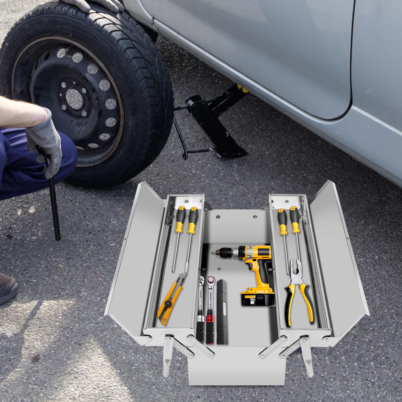 Caja de herramientas profesional vacía multifuncional caja de herramientas de metal para ahorrar espacio, 2 niveles, caja de herramientas portátil con 2 compartimentos plegables y asa, 53,5 x 20 x 16