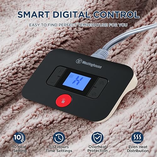 Westinghouse Manta eléctrica tamaño matrimonial, manta térmica de felpa suave Sherpa con 10 niveles de calefacción y 1-12 horas de apagado