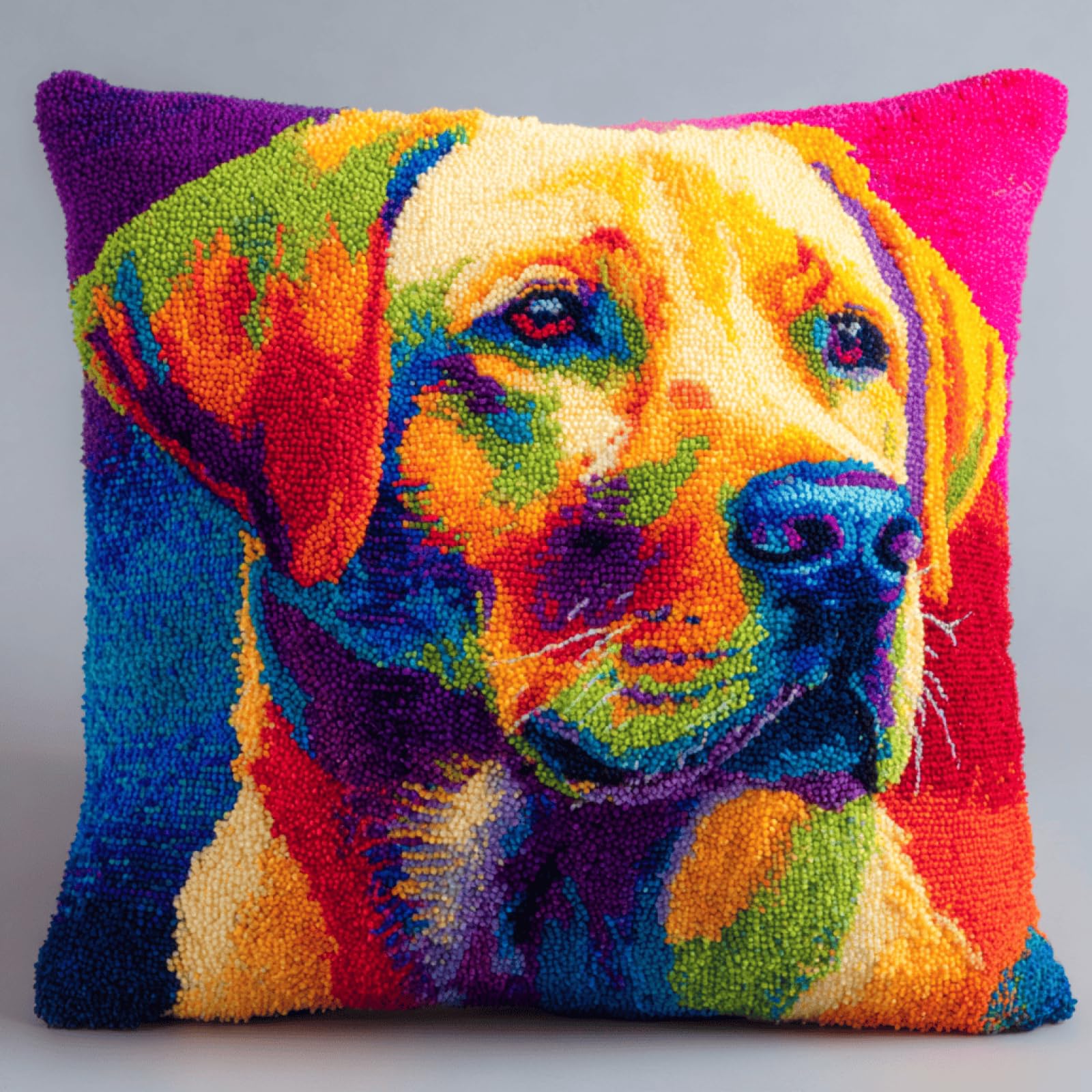 Xdeghuangss Multicolor Labrador Retriever Latch Hook Cushion Kit For Beginners - Diy Handmade Pillowcase Sofa Cushion Cover, Home Decoration Yarn Craft Gift Set,43X43 Cm