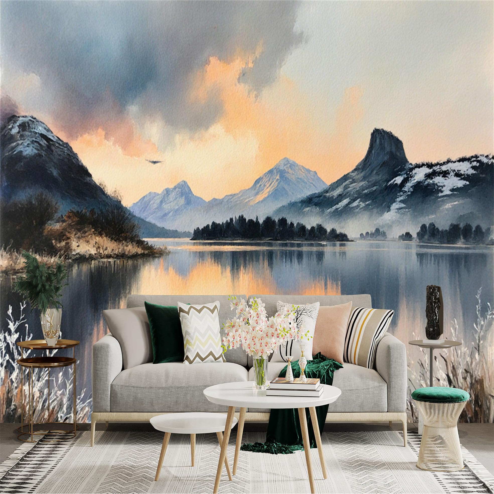 Custom Size Wall Sticker Mural， Watercolor Landscape of Snowy Mountains and Calm Lake at Sunset， for wall Decoration， peelandstick wall Decals.