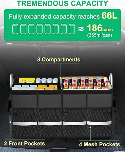 Miniatura 5 de Organizador de maletero para SUV, organizador de automóvil con bolsa enfriadora extraíble, multicompartimento plegable, impermeable, resistente,